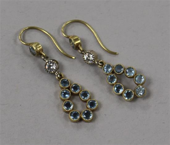 A pair of yellow metal, aquamarine and diamond drop earrings, 26mm.